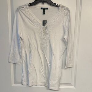 Lauren Ralph Lauren White Cotton Embroidered V-Neck 3/4 Sleeve Tee NWT